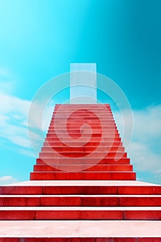 Red staircase leading up to the top of tall white structure with blue sky in the background. Generative AI