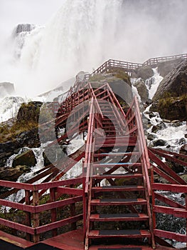 Red stairs below the Niagara Falls