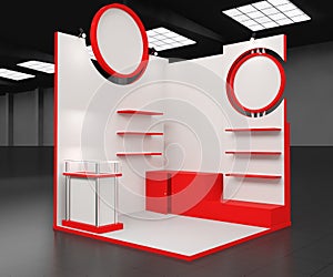 Red stand or booth in a tradeshow. 3d render mockup