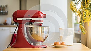 Red stand mixer with ingridients