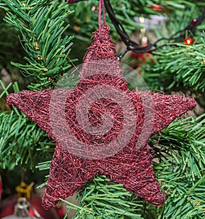 Red star Christmas ornament tree, detail, close up