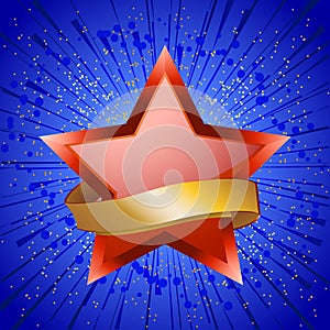 Red star and golden banner on blue star burst