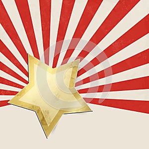 Red starburst background with gold star