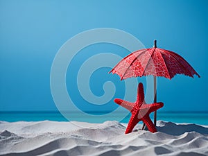 Red starfish and beach umbrella on the white sand and rustic table over blue background 1