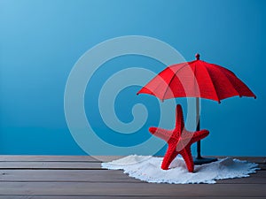 Red starfish and beach umbrella on the white sand and rustic table over blue background 3