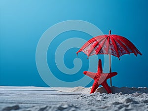 Red starfish and beach umbrella on the white sand and rustic table over blue background 4