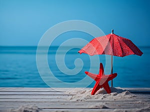 Red starfish and beach umbrella on the white sand and rustic table over blue background2