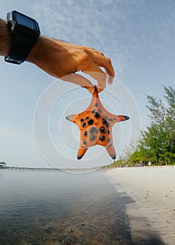 Red Starfish in hand on the background of the sea in Vietnam