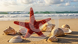 Red Starfish and Seashells on Sandy Beach Sunset