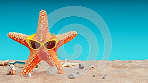 Red starfish with sunglasses and palm leaf at the beach on blue background