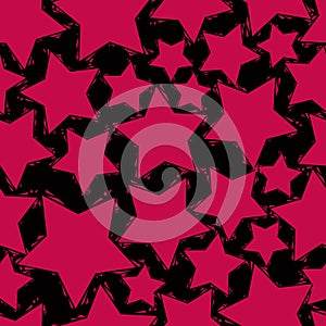 Red stars over black background seamless pattern, geometric cont