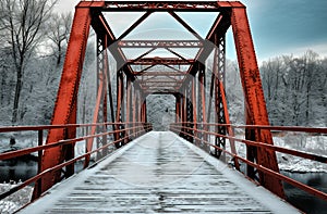 Red Steel Bridge in Wintry Forest