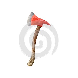 Red steel fire ax with wooden handle flat icon isolated on white background
