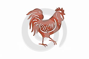 A red stencil rooster on a white background