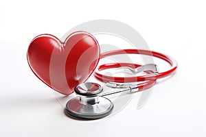 Red stethoscope in shape of heart on a white background. Generative AI