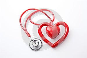 Red stethoscope in shape of heart on a white background. Generative AI
