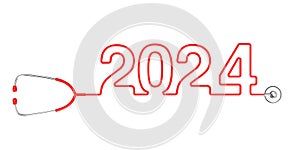 Red Stethoscope Tubing Forming New 2024 Year Sign. 3d Rendering