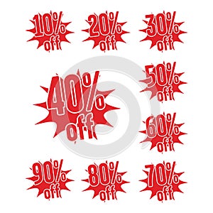 Red stickers, percentage of discount from the price.