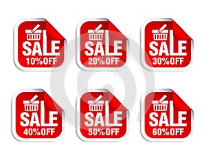 Red stickers set. Sale 10%, 20%, 30%, 40%, 50%, 60% off discount