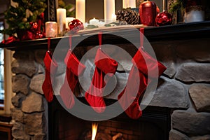 red stockings hanging over a fireplace mantel