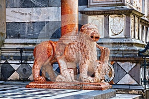 Red stone lion sculpture of the Cappella Colleoni was built with marble elements between 1472 and 1476 of the Basilica di Santa