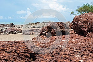 the red stone and rock on the sand beach in clear blue sky and n