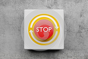 Red stop or panic push button on concrete wall background, emergency, security or safety concept
