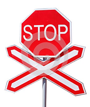 Red Stop and railroad crossing sign isolated with clipping path