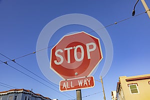 Red stop sign with   all way