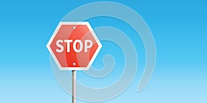 Red stop sign and blue sky background. Flat vector illustration.