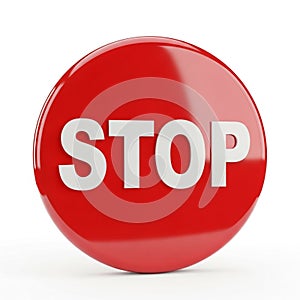 Red Stop Sign Button with White Text on a White Background