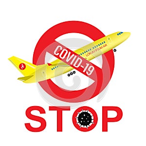 Red Stop sign, covid-19 pandemic. Ban on flights, travels and movements. Global virus. Health care concept