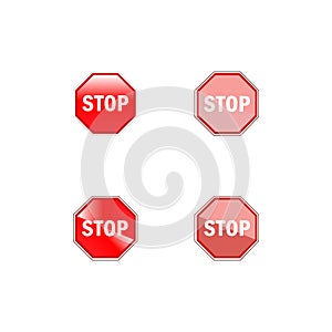 Red stop sign icon with text `STOP` for apps or websites. Stop sign, stock illustration, vector icon