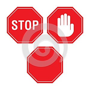 Red stop signs, one with a hand and one blank on a white background