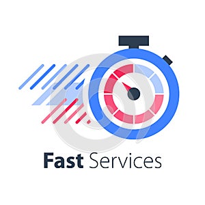 Red stopwatch in motion, fast services, running time, timely delivery