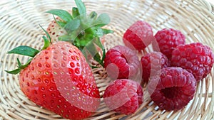 Red strawberries and raspberries