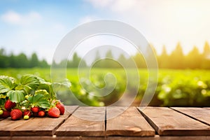 red strawberries on table and blurred green field on the background