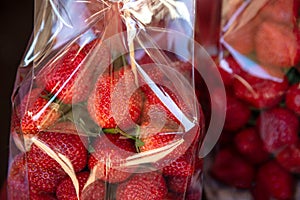 Red strawberries in transparent plastic bag
