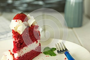 Red strawberry cake placed on the plate