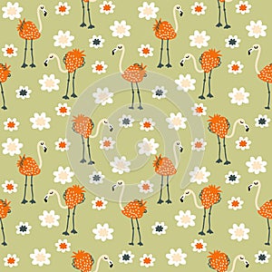 Red strawberry flamingo and flowers seamless pattern. Perfect for T-shirt, textile and print. Hand drawn illustration