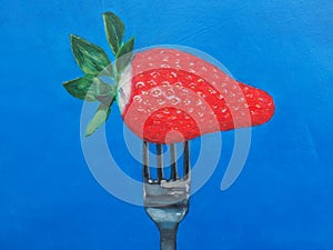 Red strawberry on a fork. Oil painting in the style of hyperrealism