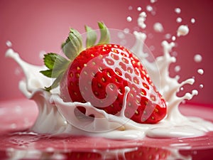 red strawberry fresh ripe fruit splashing in yogurt