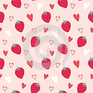 Red strawberry and heart seamless pattern
