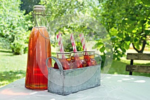Red strawberry juice in green summer garden