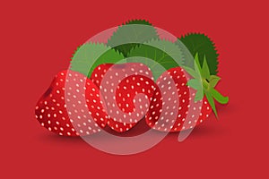 Red Strawberry with leaves in red background
