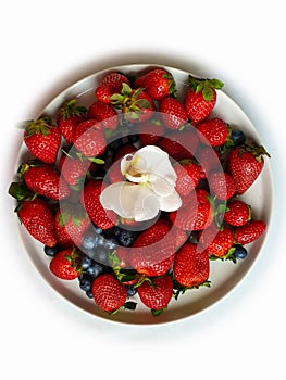 Red Strawberry With orchid on White Plate
