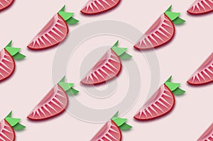 Red Strawberry seamless pattern in paper cut style. Origami Healthy food on pink. Summertime.