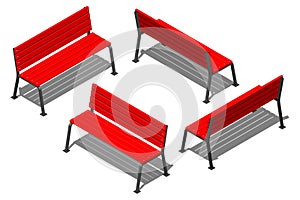 Red street bench made of wooden slats on metal supports, vector isometric pattern on a white background