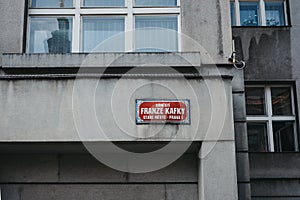 Red street name sign on Franz Kafka Square in Prague, Czech Republic
