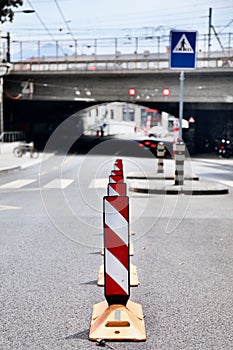 Red street sign in Lausanne, Switzerland, vertical